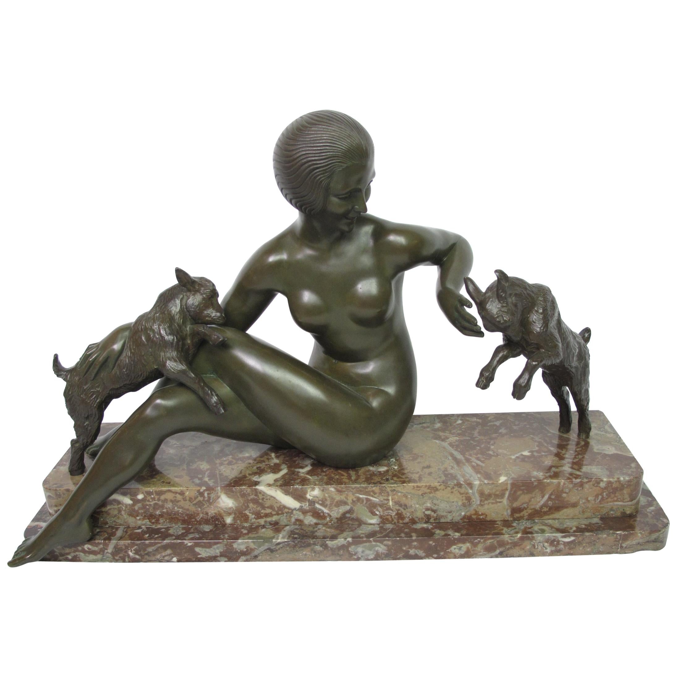 Art Deco Bronze Sculpture, Maurice Guiraud Riviere, Nude Woman with Kid Goats For Sale