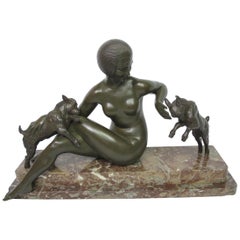 Art Deco Bronze Sculpture, Maurice Guiraud Riviere, Nude Woman with Kid Goats