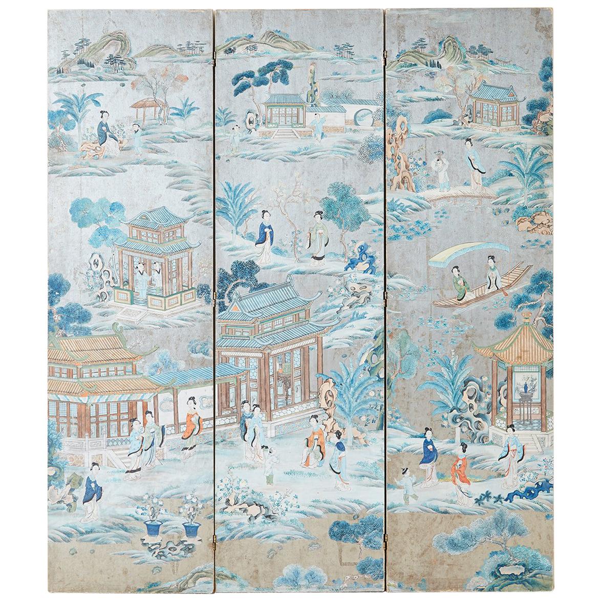 Chinese Qing Three-Panel Silver Leaf Painted Screen