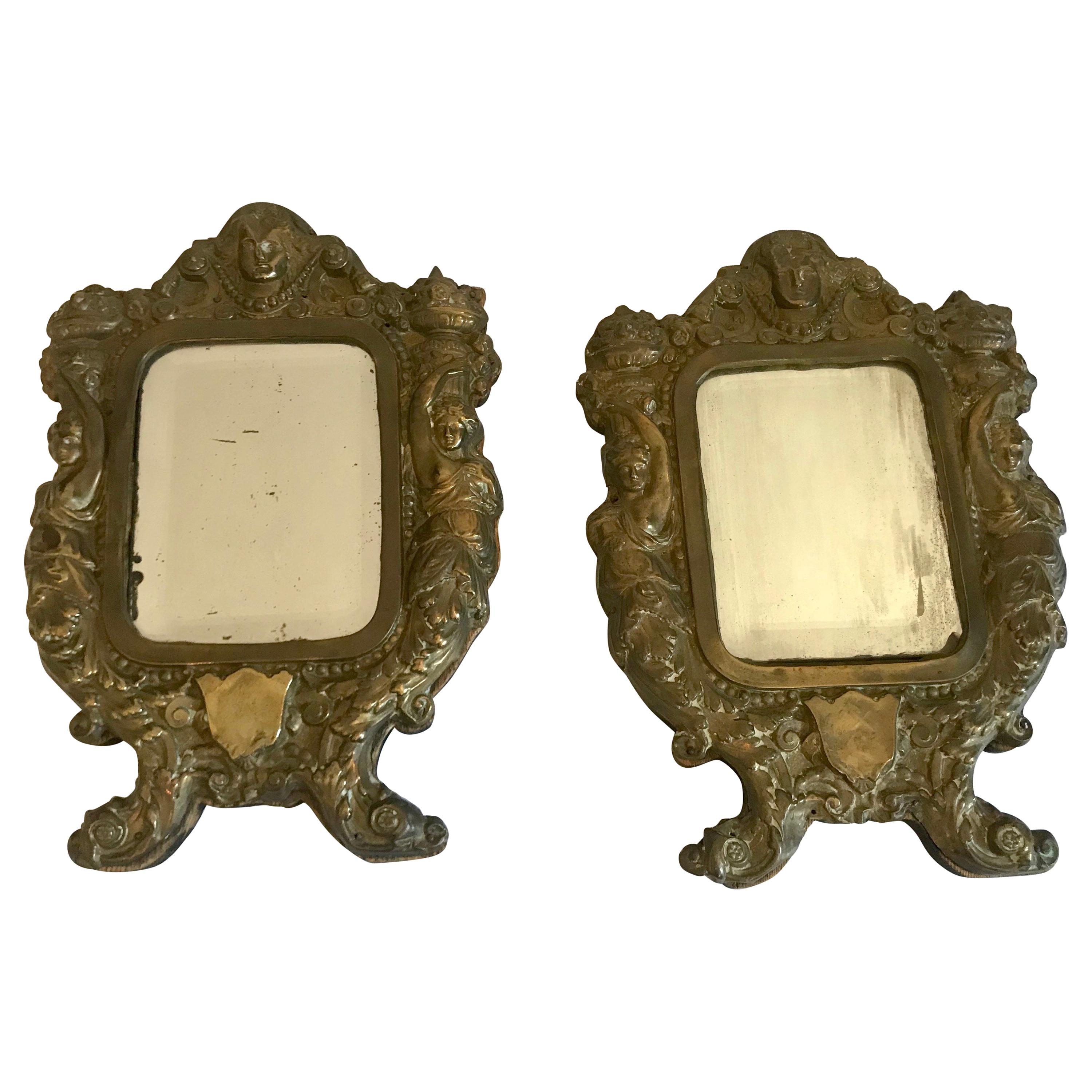Pair of 19th Century Italian Mirrors in Ornate Brass Frames For Sale
