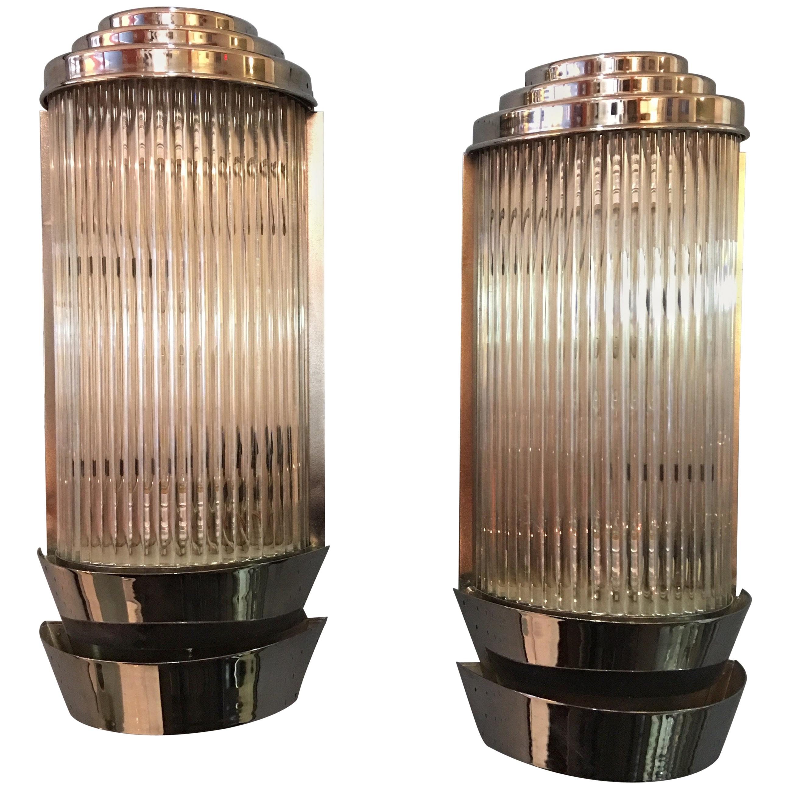 Large Nickel-Plated Deco Sconces with Glass Rods