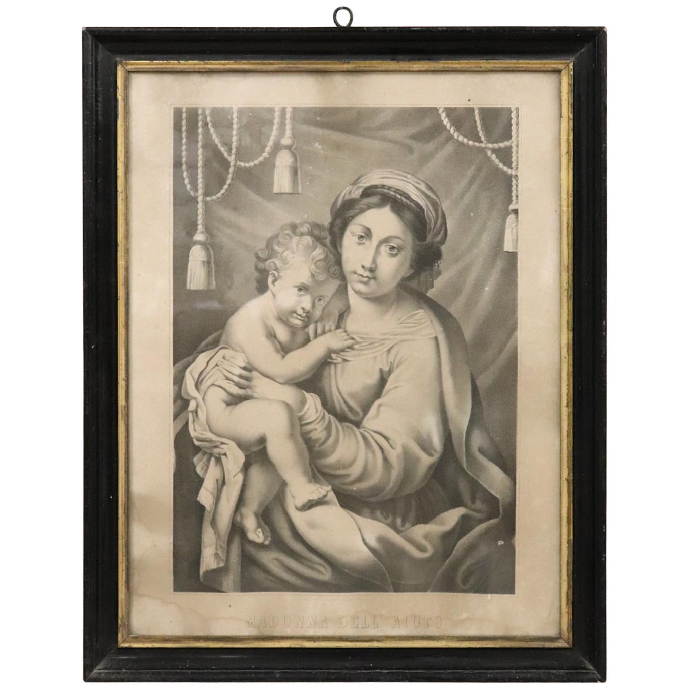19th Century Italian Lithograph, Print Madonna with Jesus Child