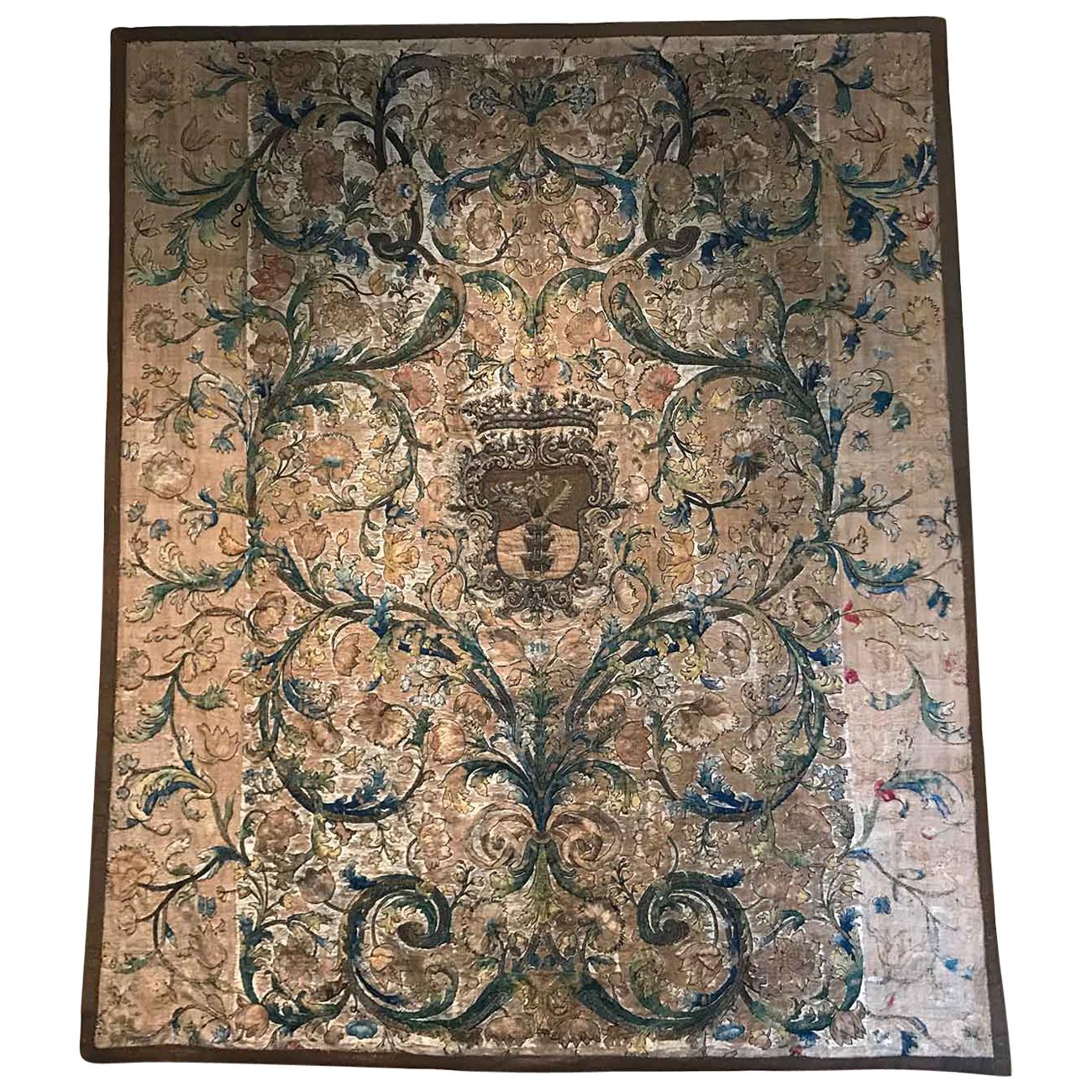 Needlework Tapestry with Intricate Shield and Floral Designs For Sale