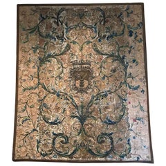 Needlework Tapestry with Intricate Shield and Floral Designs