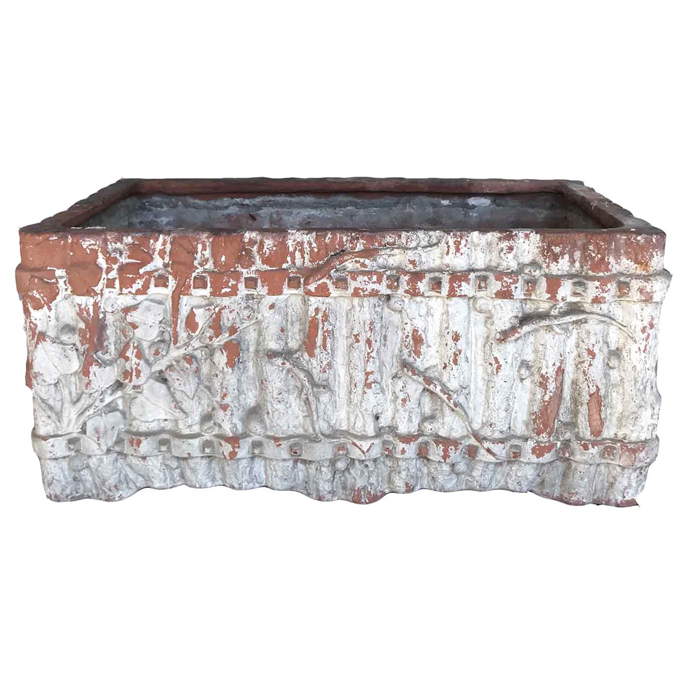 Terracotta Planter with Branch Design with Whitewashed Patina For Sale