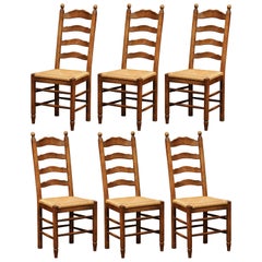 French Carved Oak Ladder Back Chairs with Rush Woven Seat, Set of Six