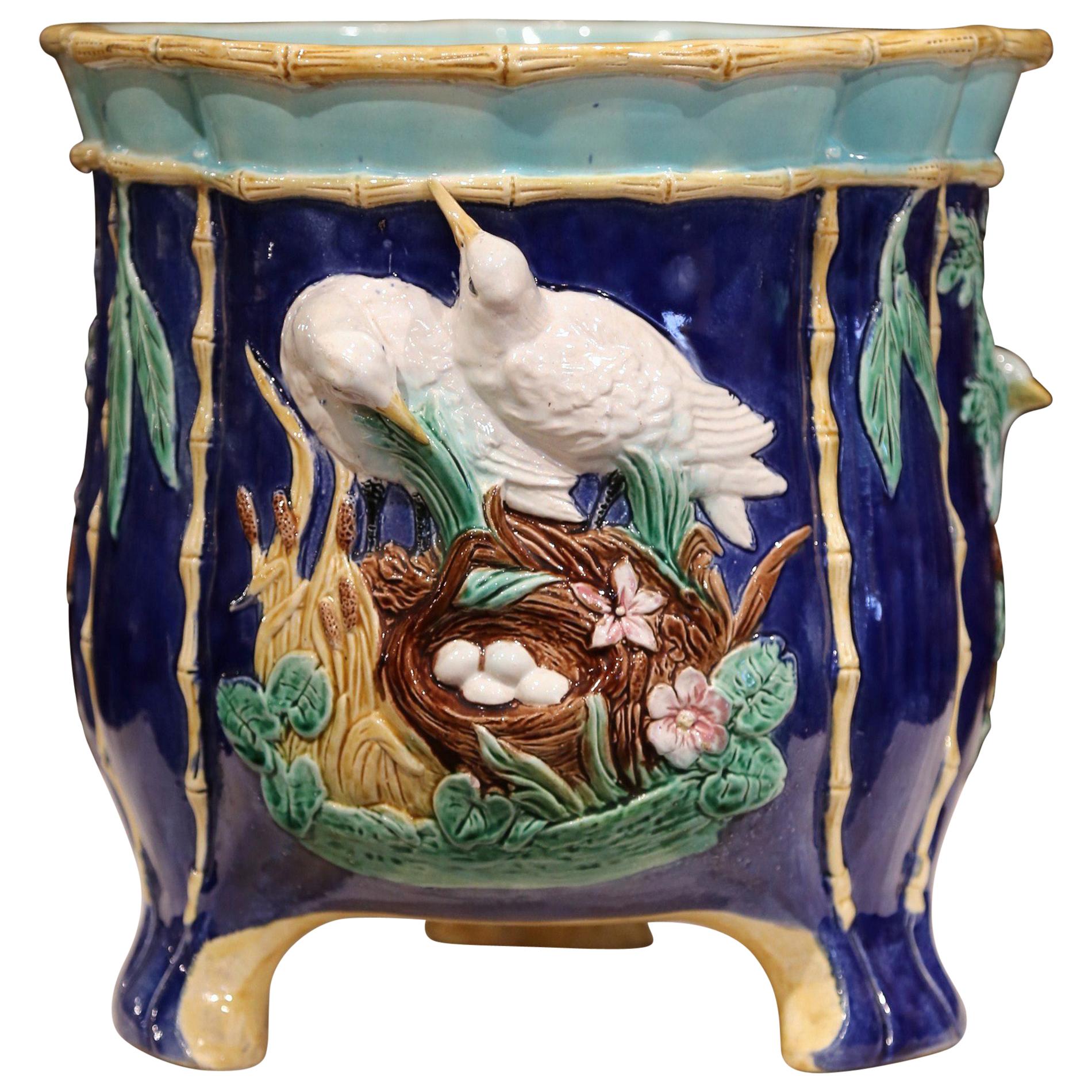 19th Century French Hand Painted Ceramic Barbotine Cache Pot with Bird Decor