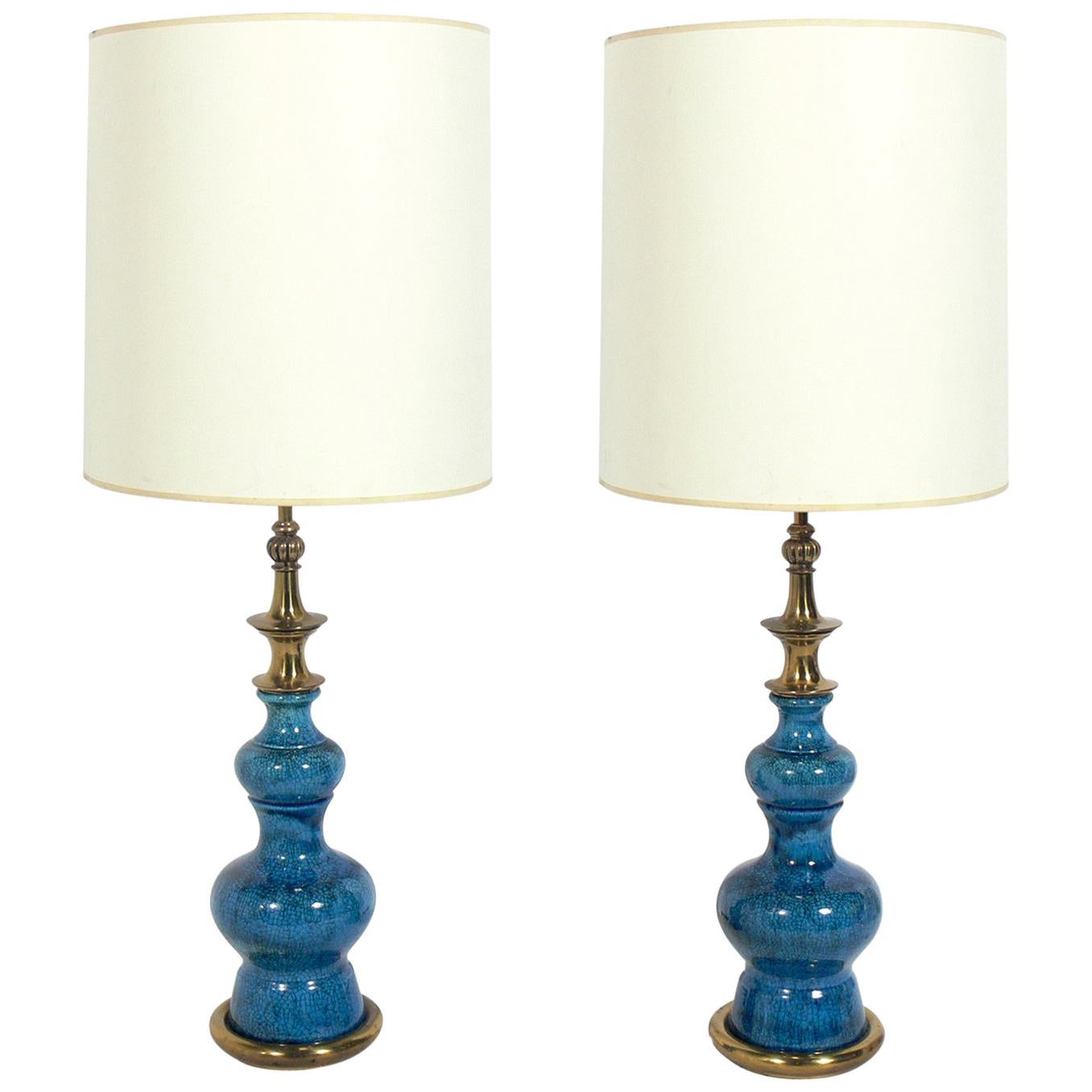 Pair of Vibrant Blue Ceramic Lamps by Stiffel