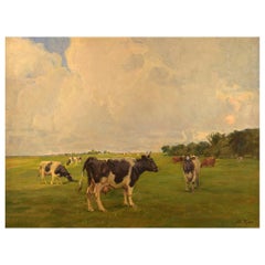 Harald Kjær, Danish Artist. Field Landscape with Grazing Cows