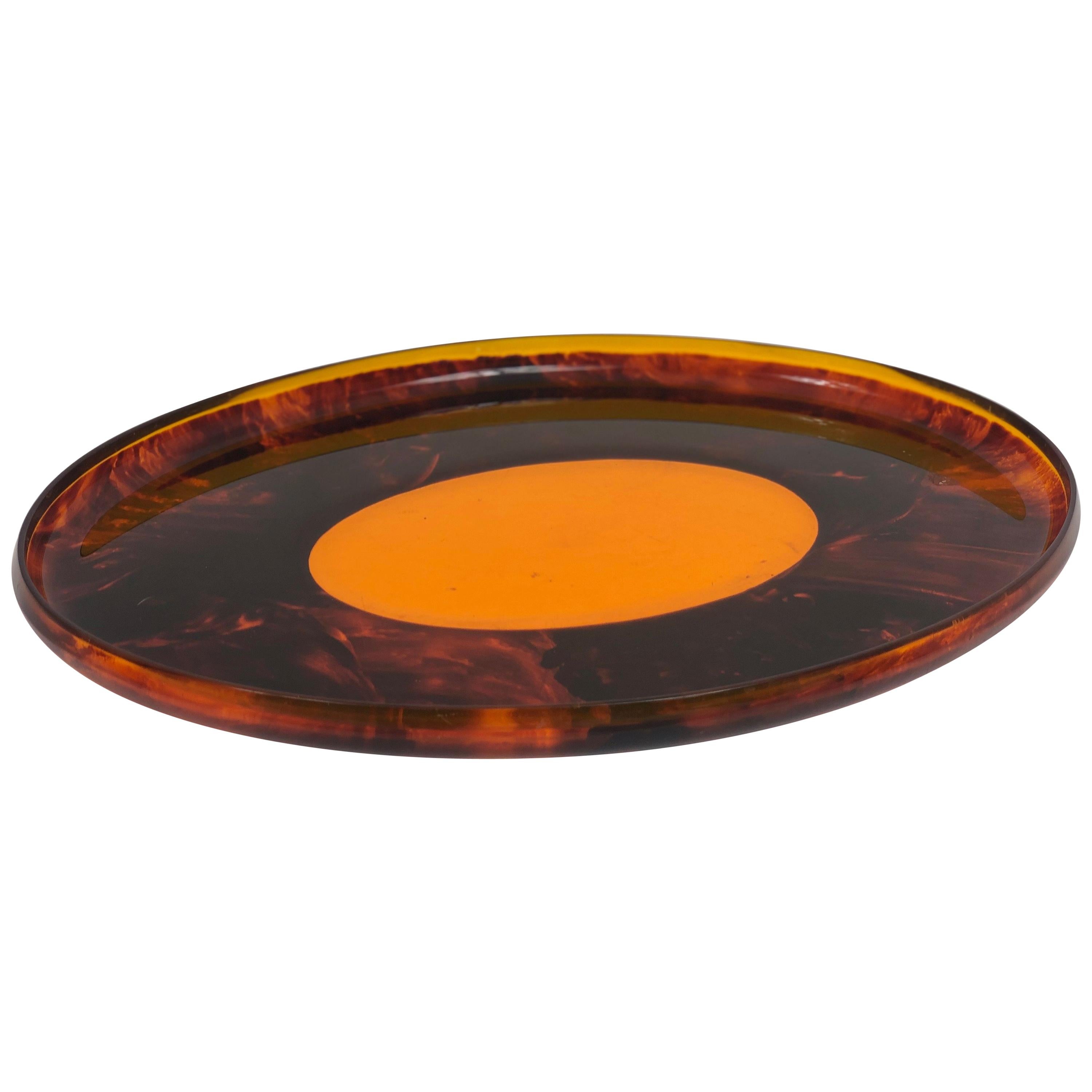 Faux Tortoiseshell Serving Oval Tray Centerpiece in Lucite, 1970s, Italy For Sale