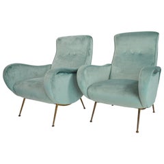 Italian Midcentury Armchairs Restored in Mint Green Soft Velvet, 1950s