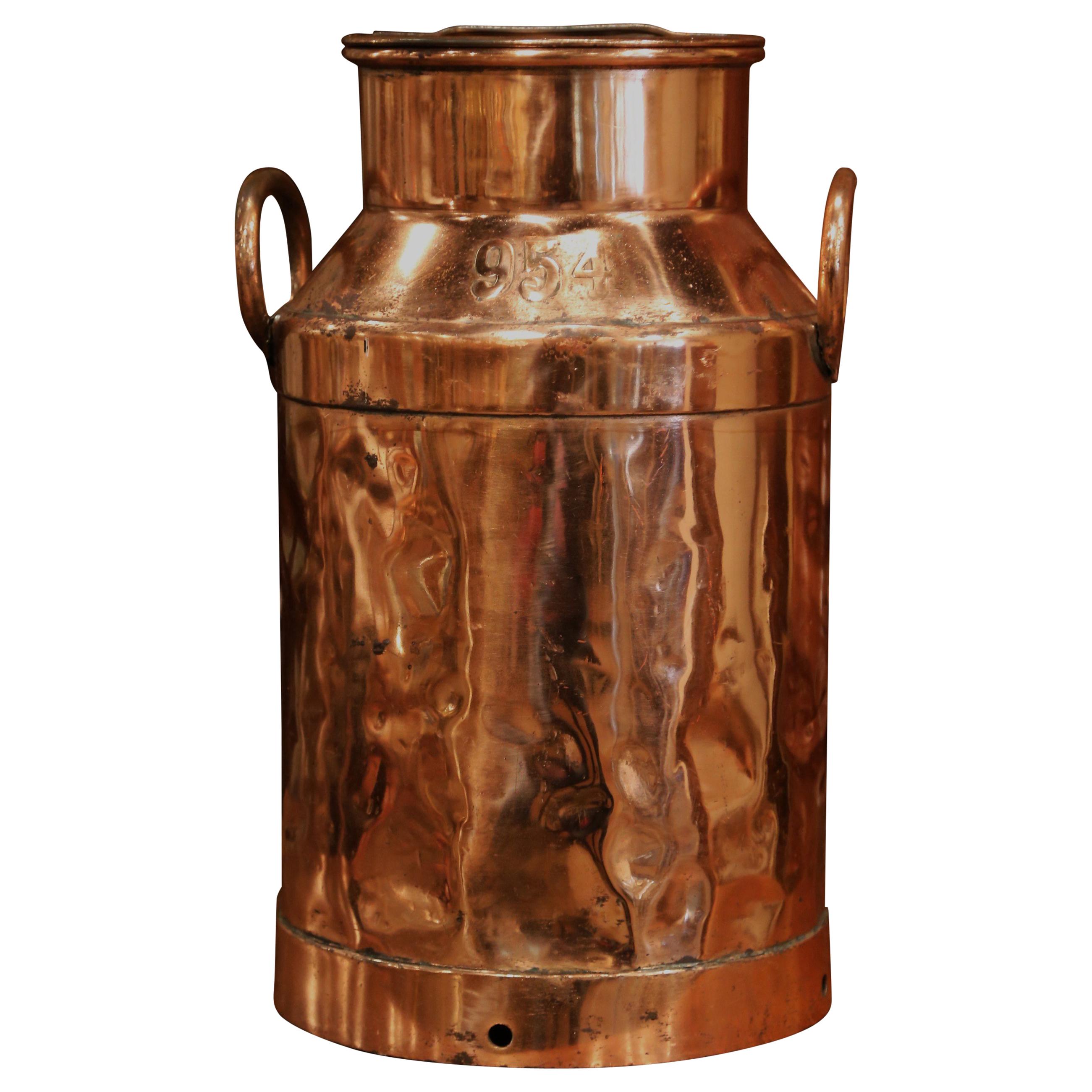 19th Century French Polished Copper Plated Milk Container with Handles and Lid