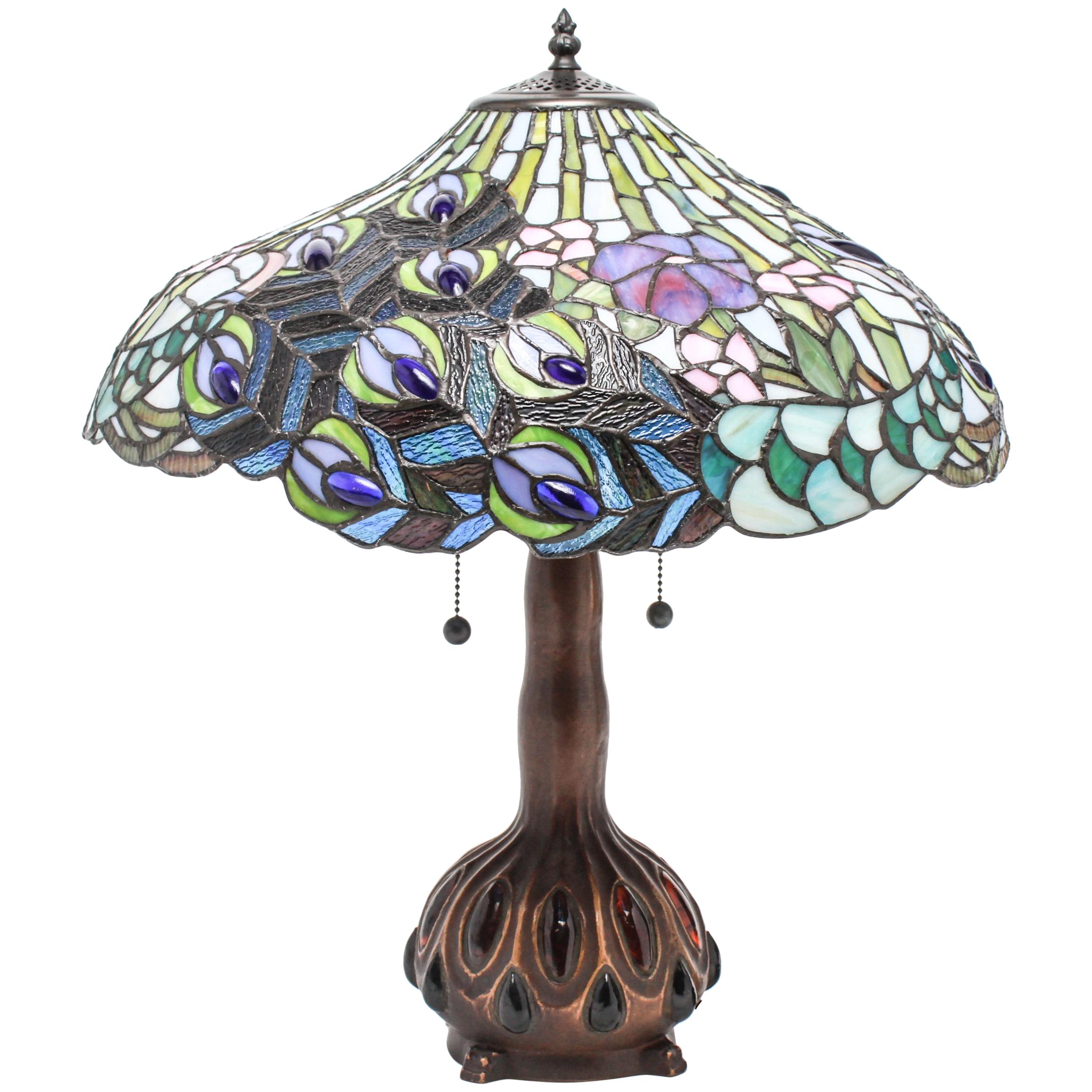 Tiffany Style American Art Nouveau Stained Glass Peacock Feather Table Lamp
