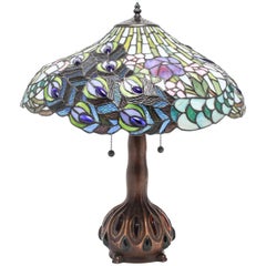 Vintage Tiffany Style American Art Nouveau Stained Glass Peacock Feather Table Lamp