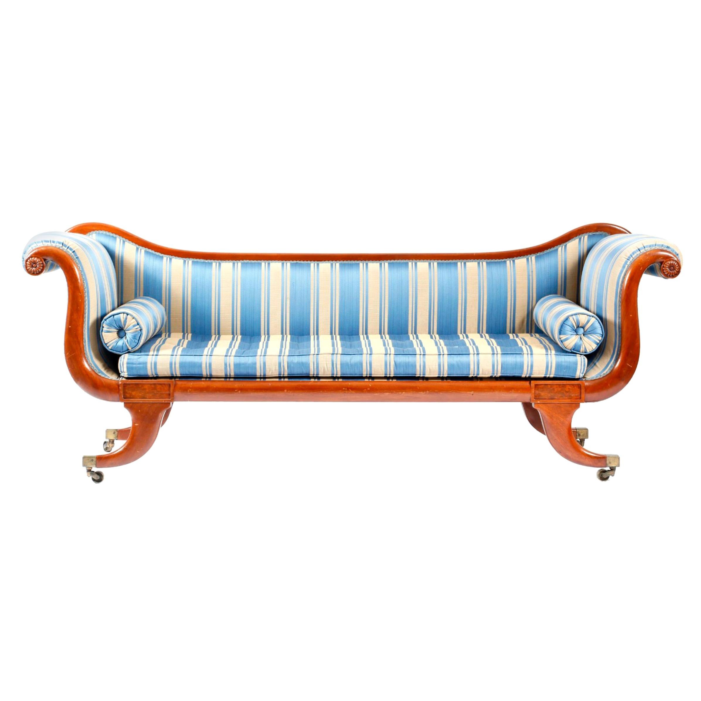 Late Regency Mahogany Scroll End Sofa in Blue Striped Fabric, England