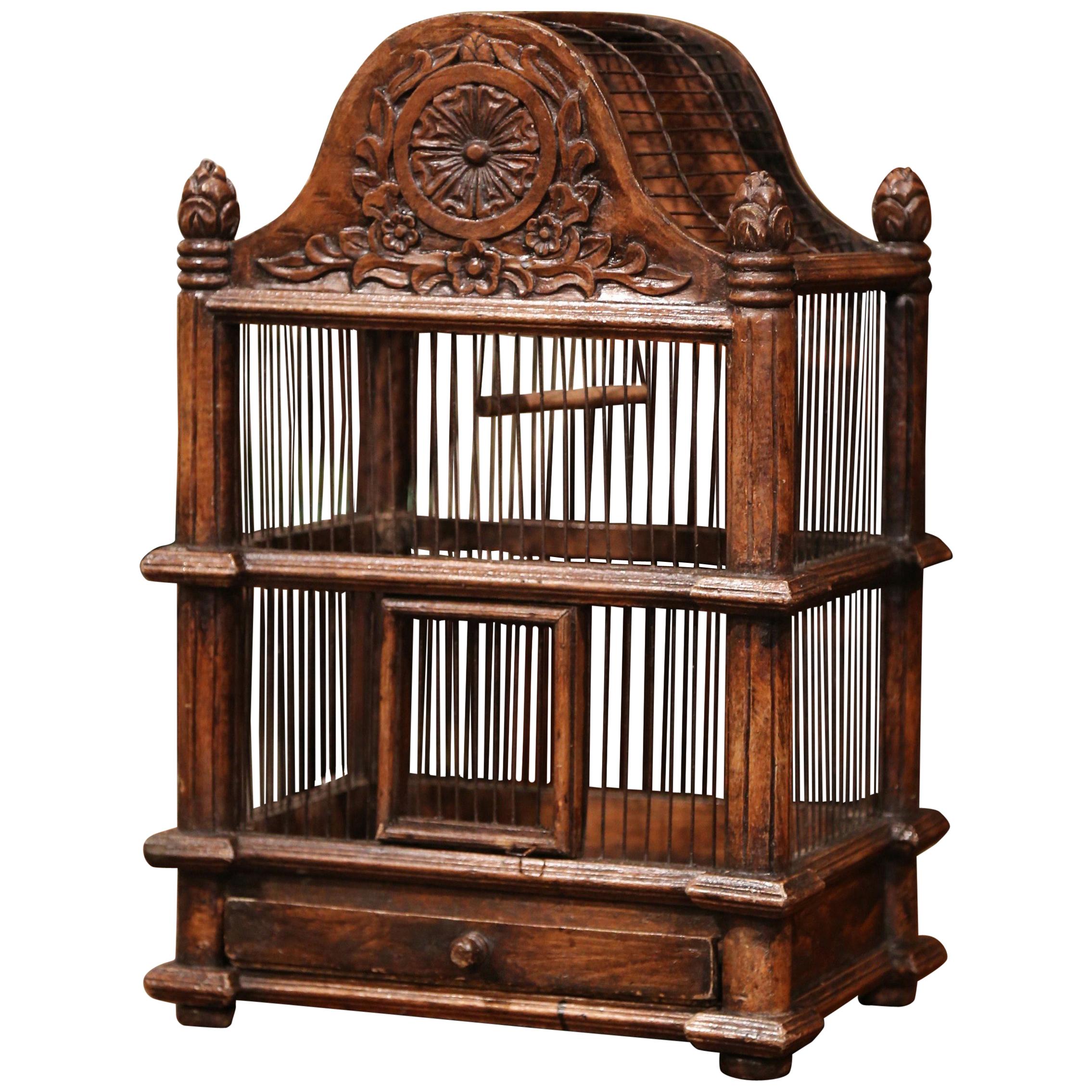 French Carved Walnut and Wire Birdcage with Arched Top