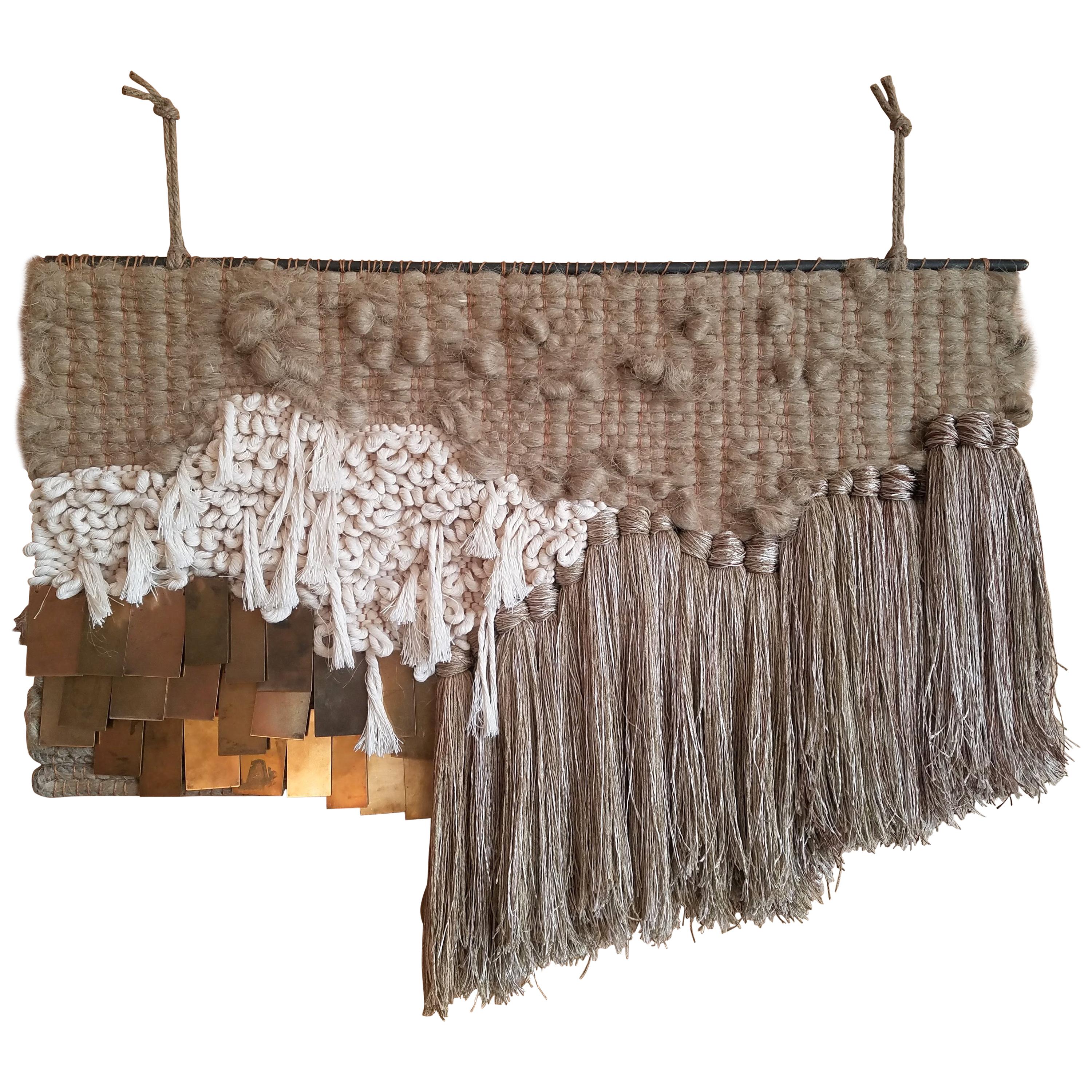 Neutral Fiber Art Weaving with Brass by All Roads For Sale