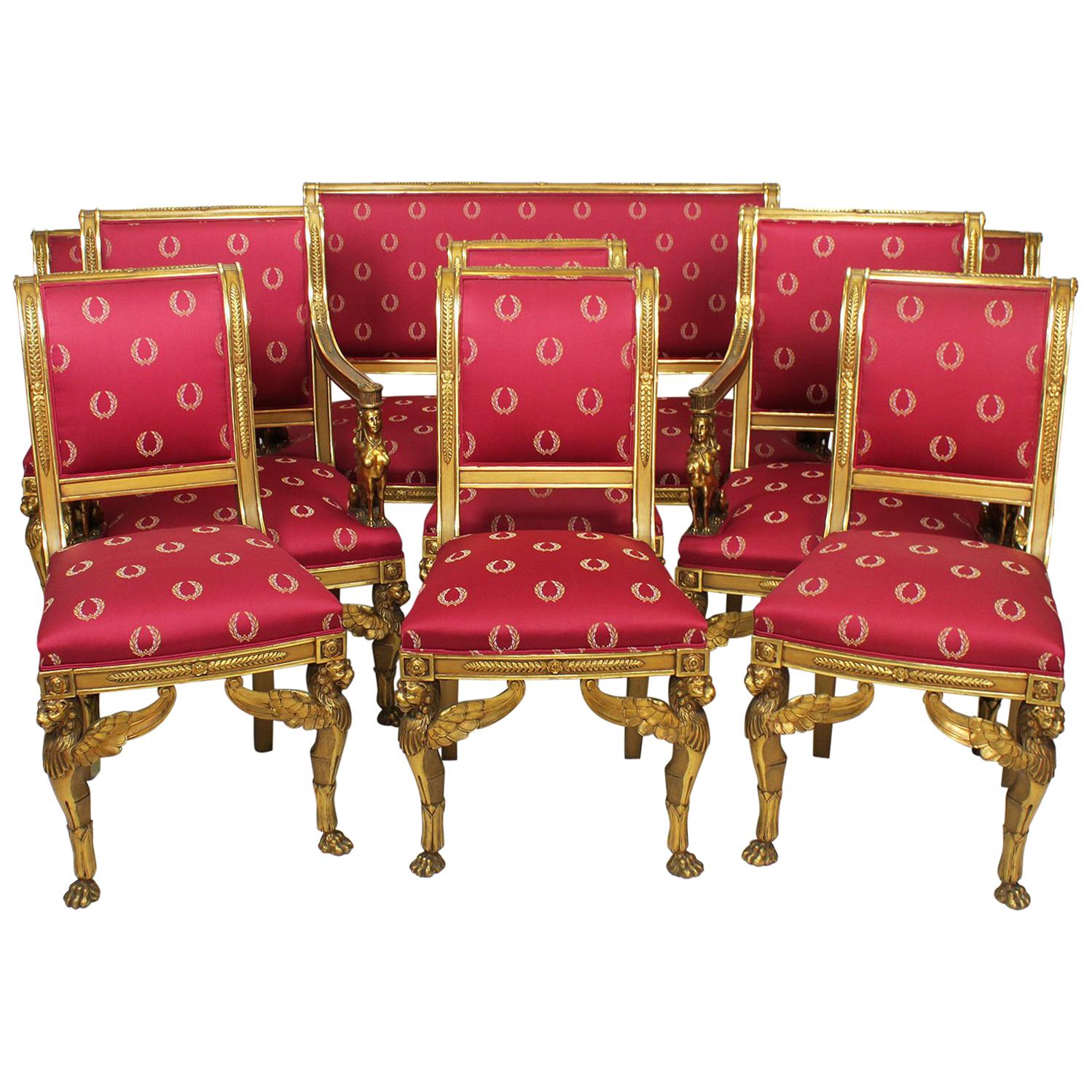 Fine French 19th Century Empire Revival Nine Piece Giltwood Carved Salon Suite