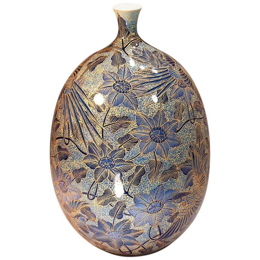 Japanese Contemporary Imari Gilded Blue Porcelain Vase by Master Artist