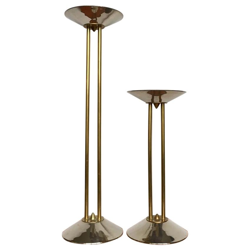 Art Deco German Large Steel and Brass Candleholders, Set of 2, 1930s For Sale