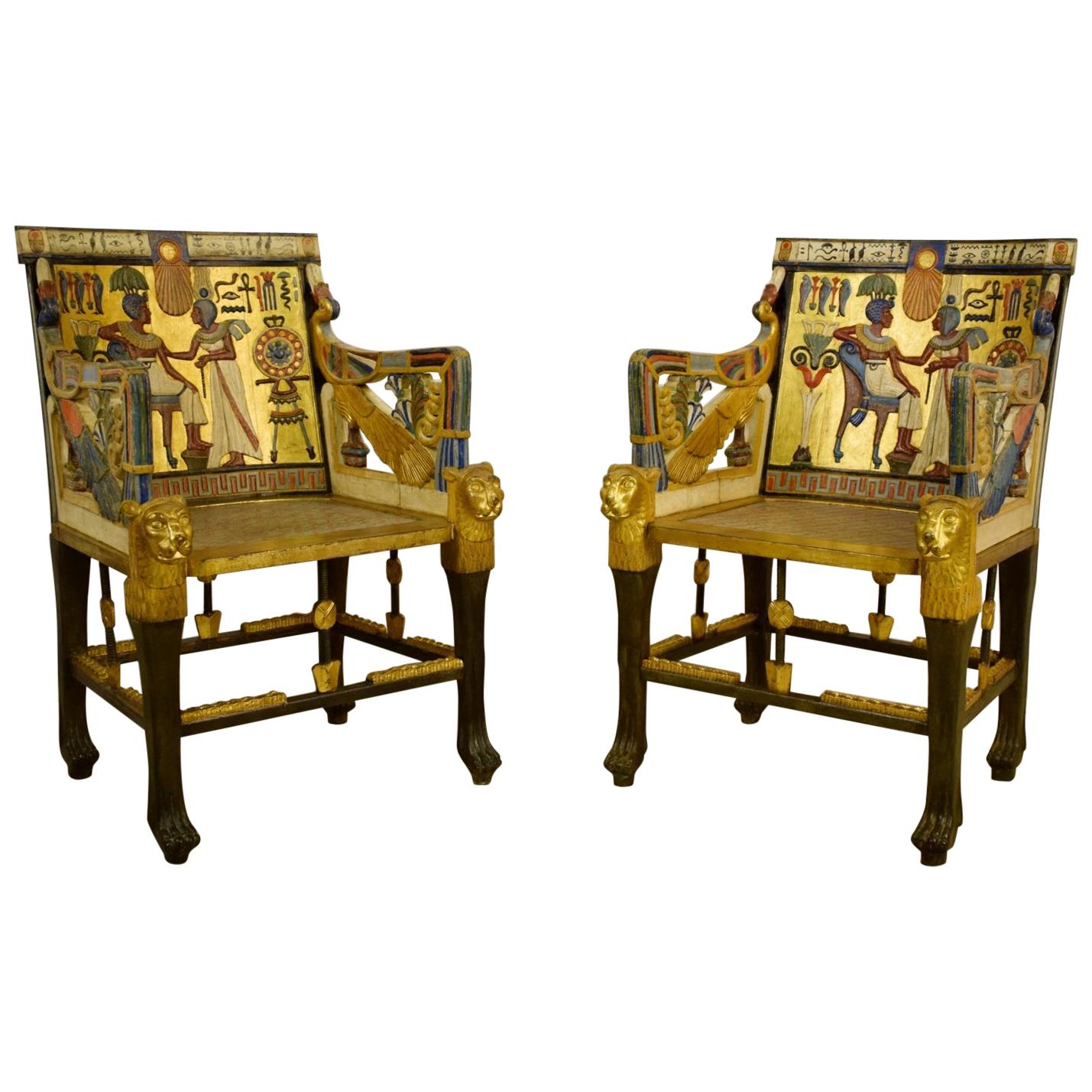 20th Century, Pair of Lacquered Giltwood Armchairs in Egyptian Revival Style