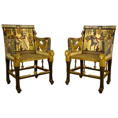 20th Century, Pair of Lacquered Giltwood Armchairs in Egyptian Revival Style