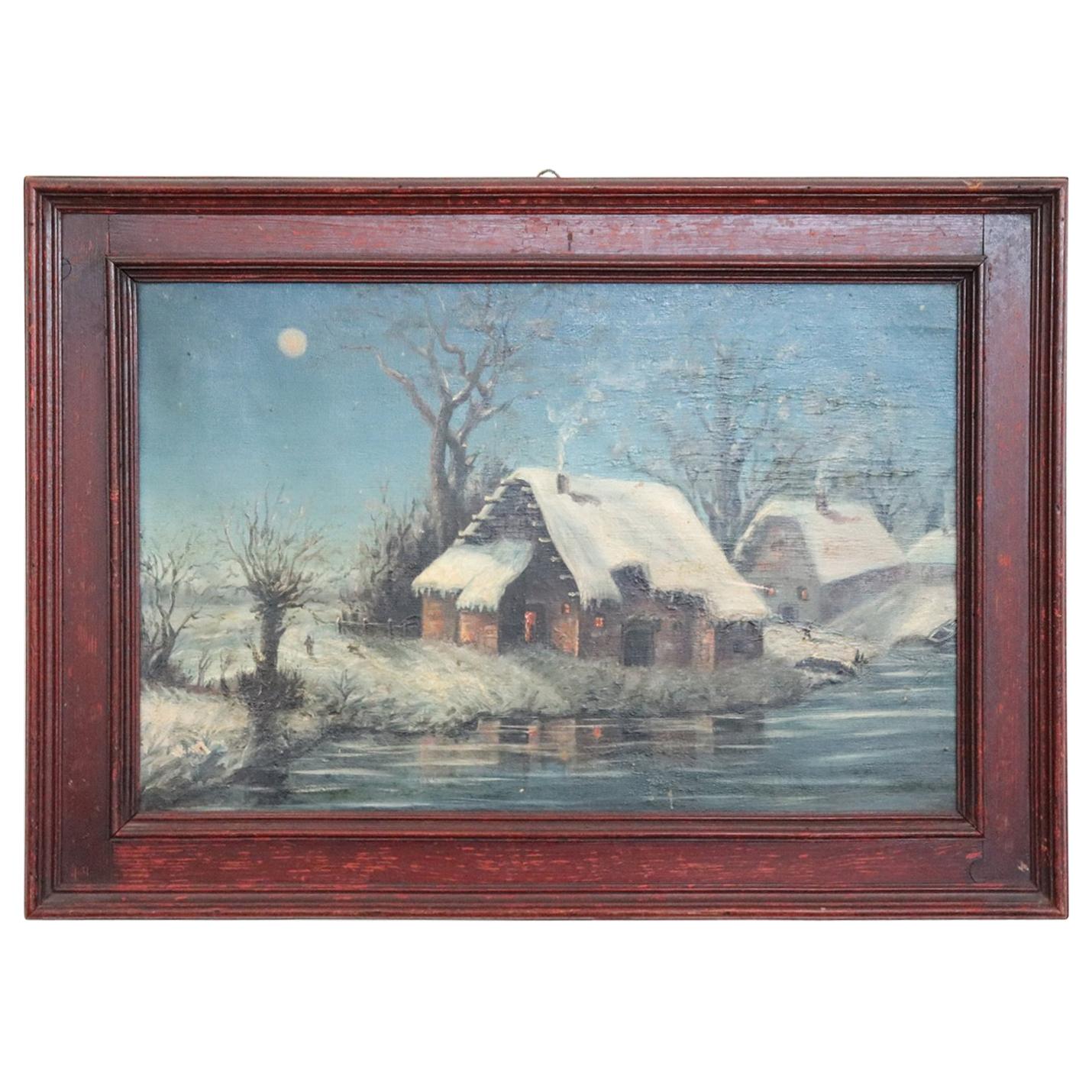 20th Century Italian Oil Painting on Canvas Winter Landscape