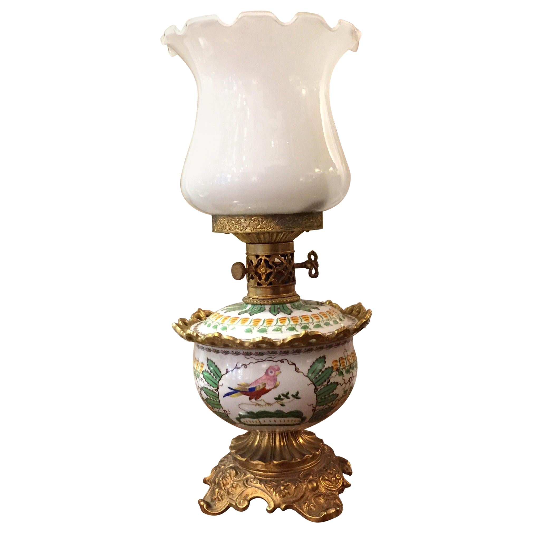 Florentine Glass Gilded Bronze and Porcelain Table Lamp by Mangani, 1970