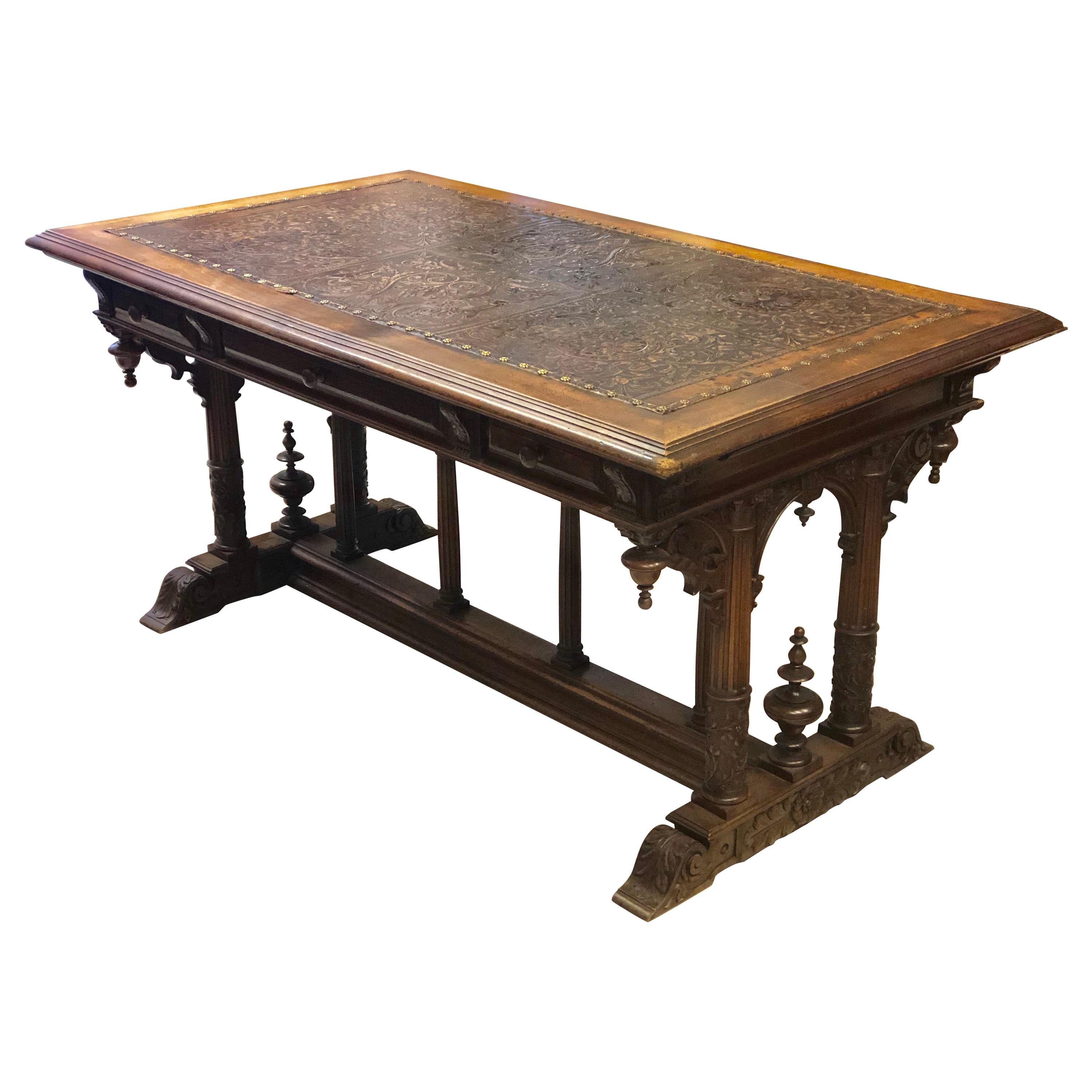 19th Century French Walnut Three-Drawer Hand Carved Desk Table, Henry II Style