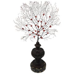 Vintage Fan-Shaped Gorgonian with Coral, Vase in Palisander Wood on a Marbled Wood Base