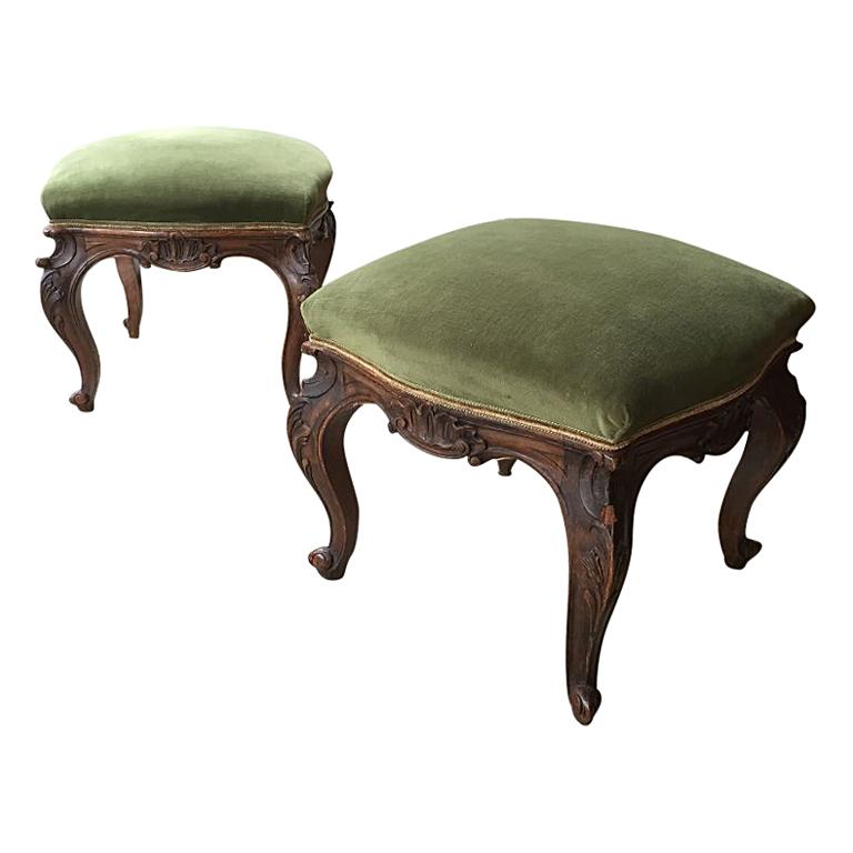 19th Century Pair of Italian Carved Wood Footstools with Velvet Seat, 1890s For Sale