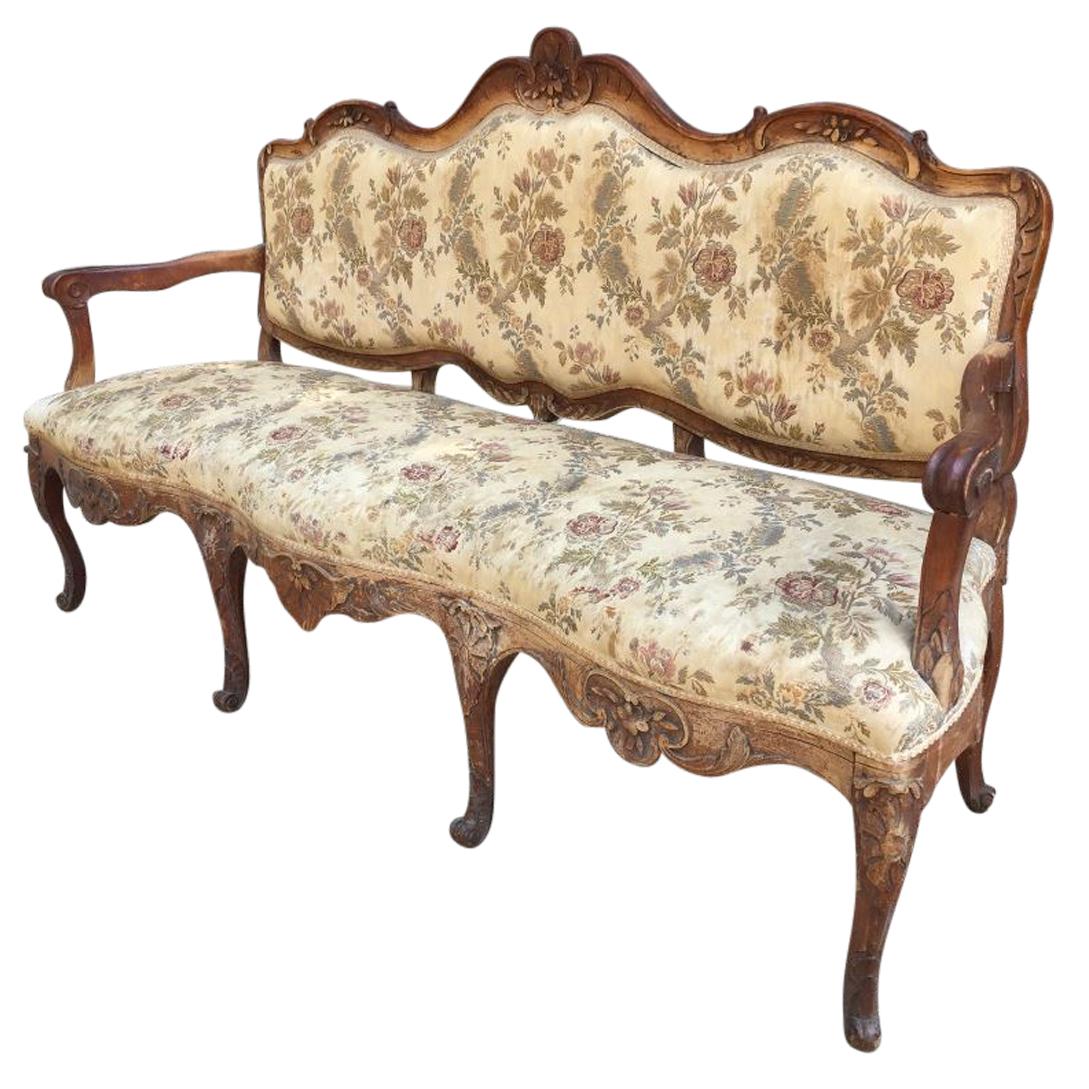 19th Century French Carved Oak Wood Sofa with Upholstered Seat and Back, 1890s For Sale
