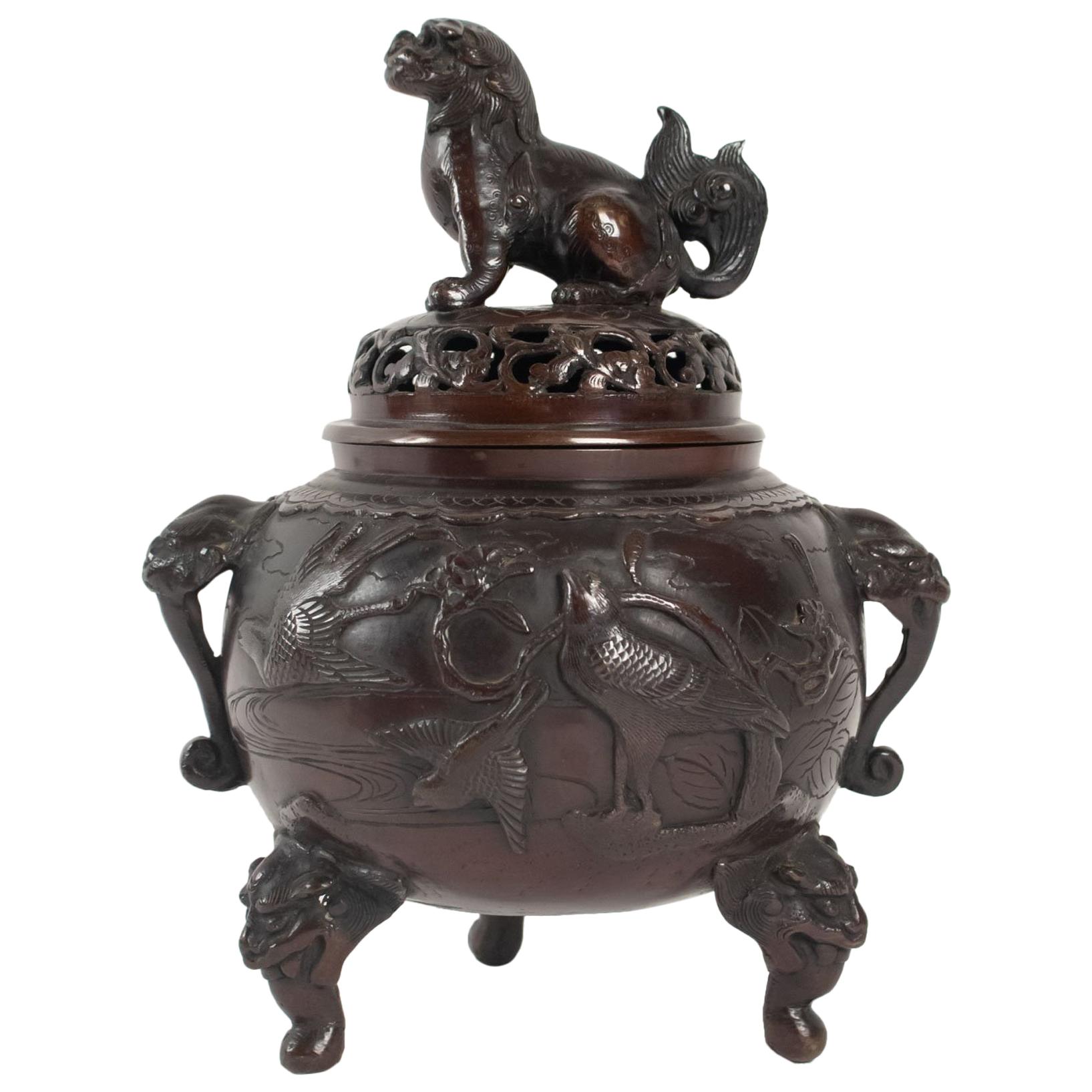 Small Burning Bronze Perfume with Brown Patina Decor Cranes in Clouds