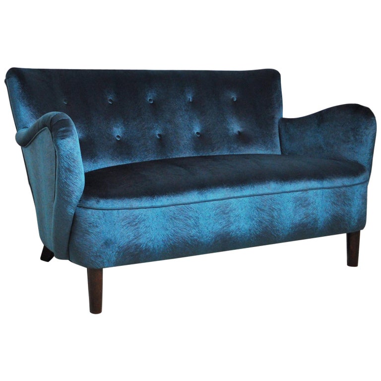 Elegant Early Midcentury Curved Sofa in Blue Velvet New Upholstery For