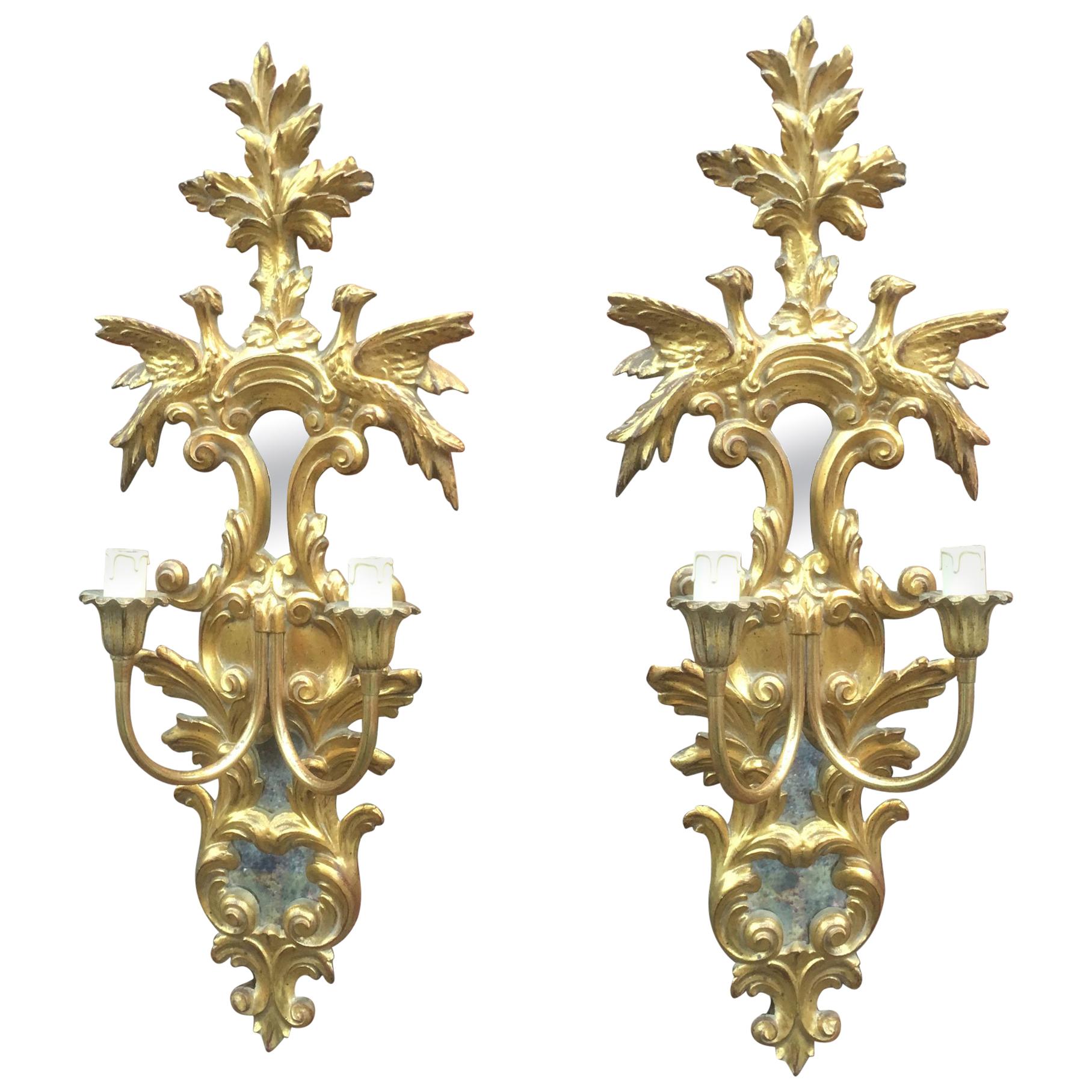 two Italian Giltwood Sconces with Mirrors, circa 1950 For Sale