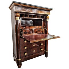 Early 19th Century Empire Flame Mahogany and Black Marble Secretaire 