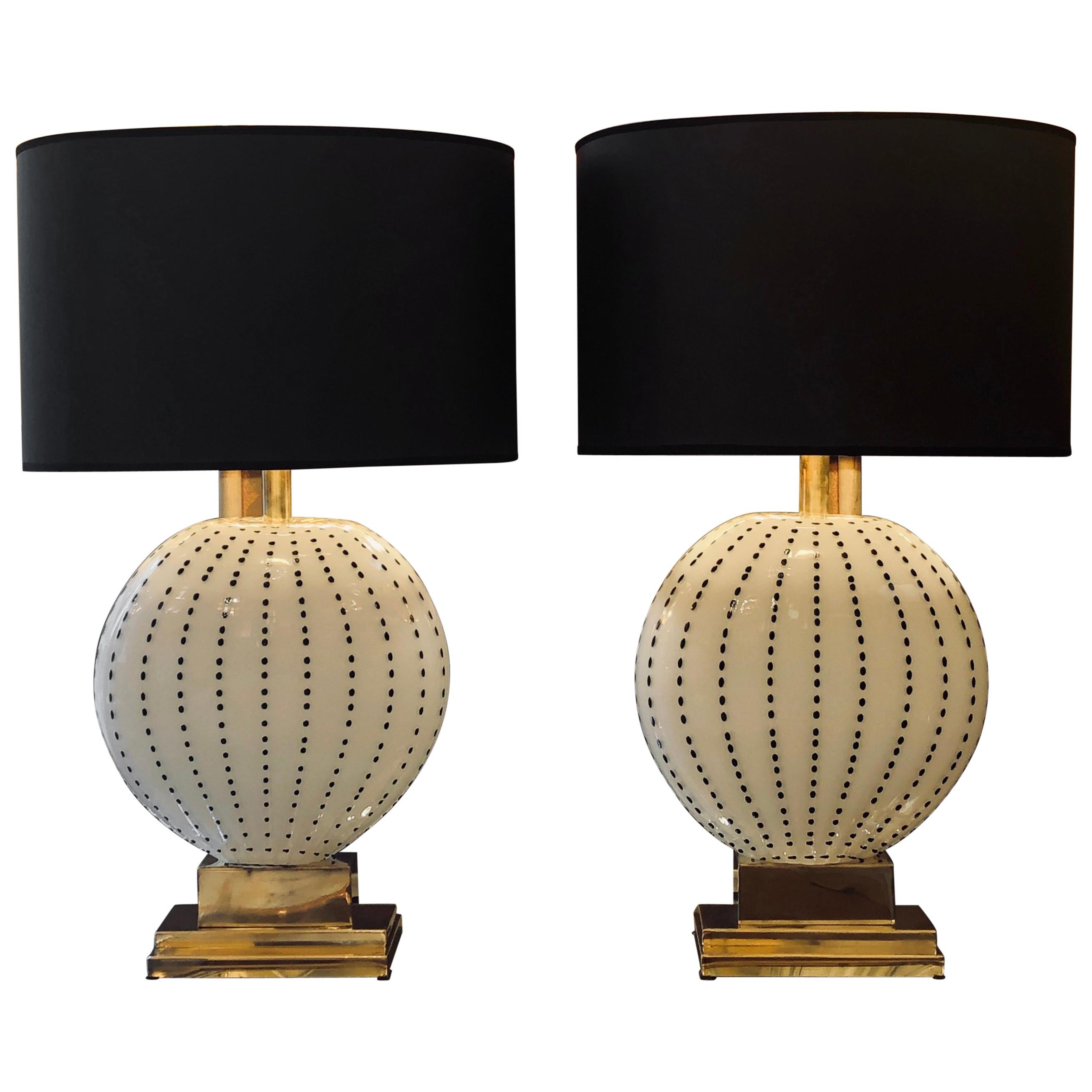 Late 20th Century Pair of White with Black Dots Murano Glass & Brass Table Lamps