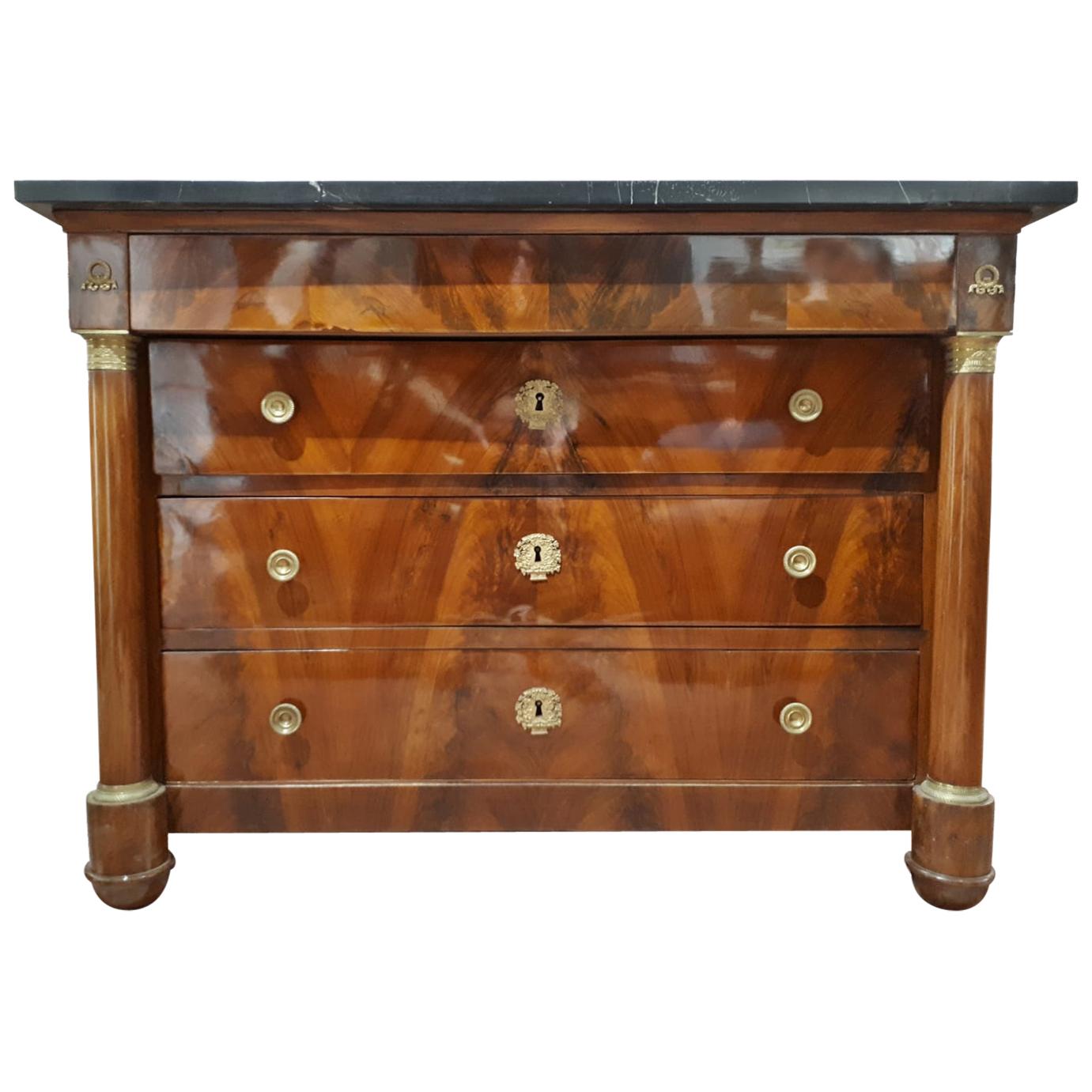 Early 19th Century Empire Flame Walnut and Marble Chest of Drawer RESTORED For Sale
