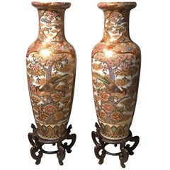 Pair of Chinese Palatial Vases Urns on Teak Pedestals Bird Decorated Signed Base