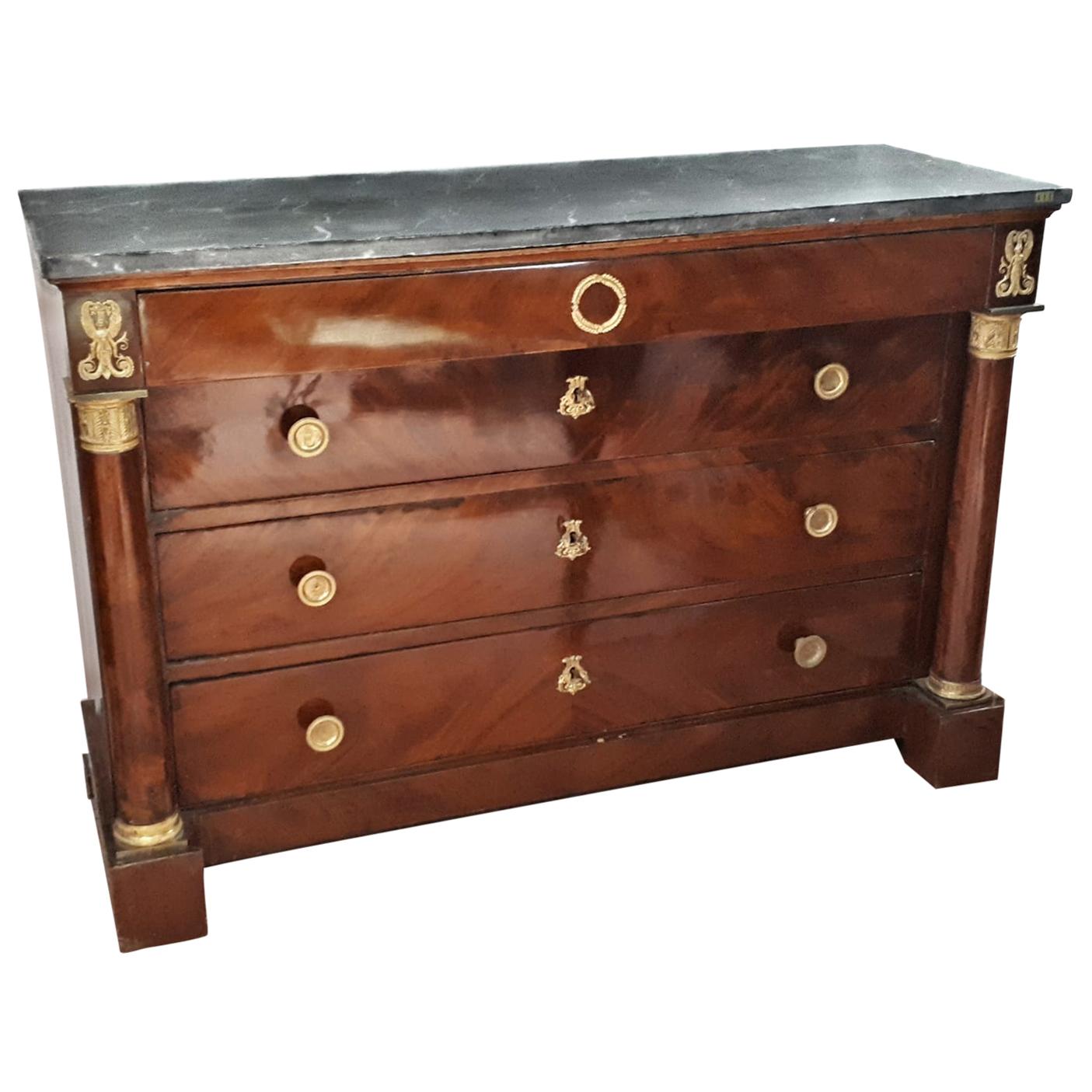 Early 19th Century Empire Flame Mahogany and Marble Chest of Drawer  For Sale