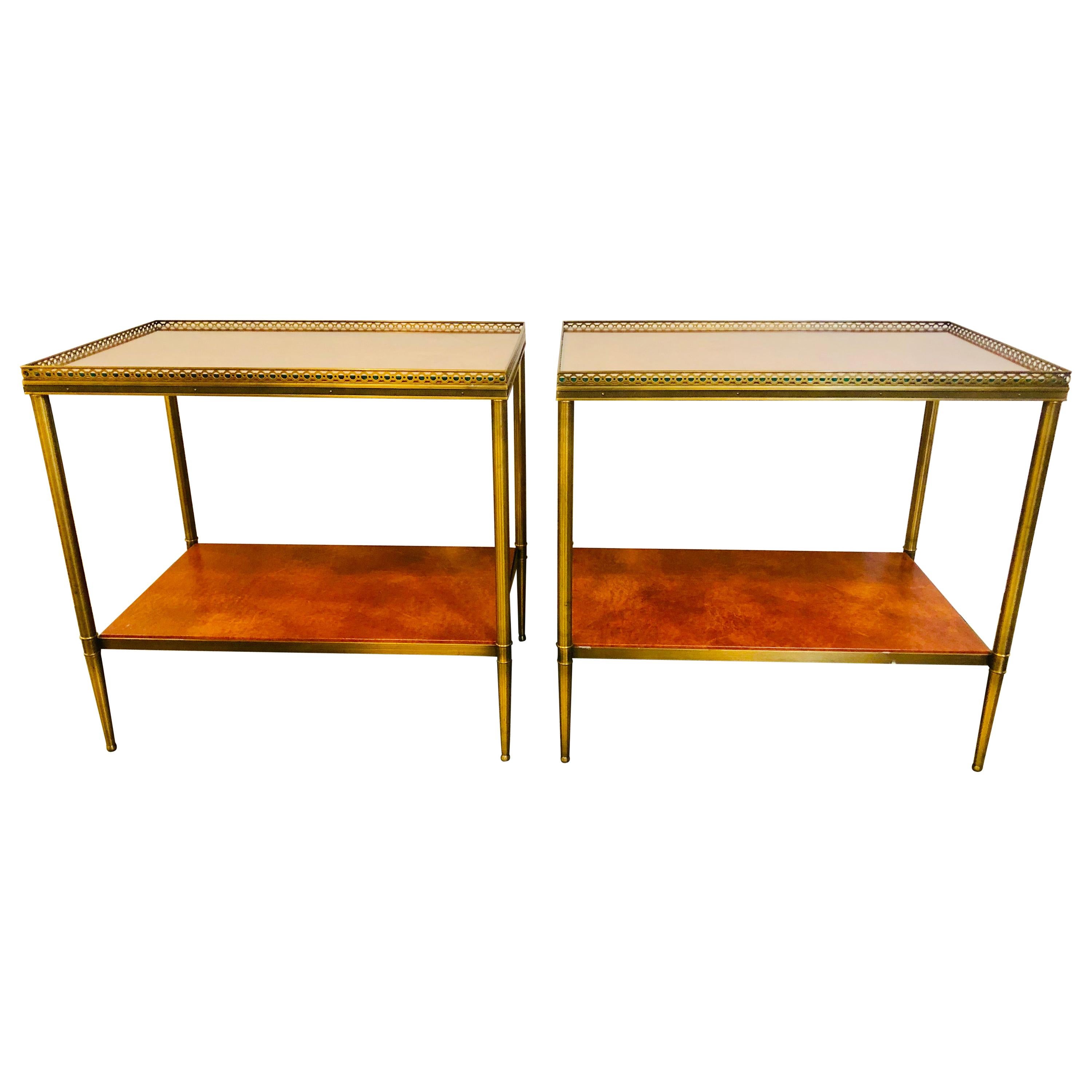 Leather Top Baguès Style End Tables by John Boone with Tortoise Shell Form Top