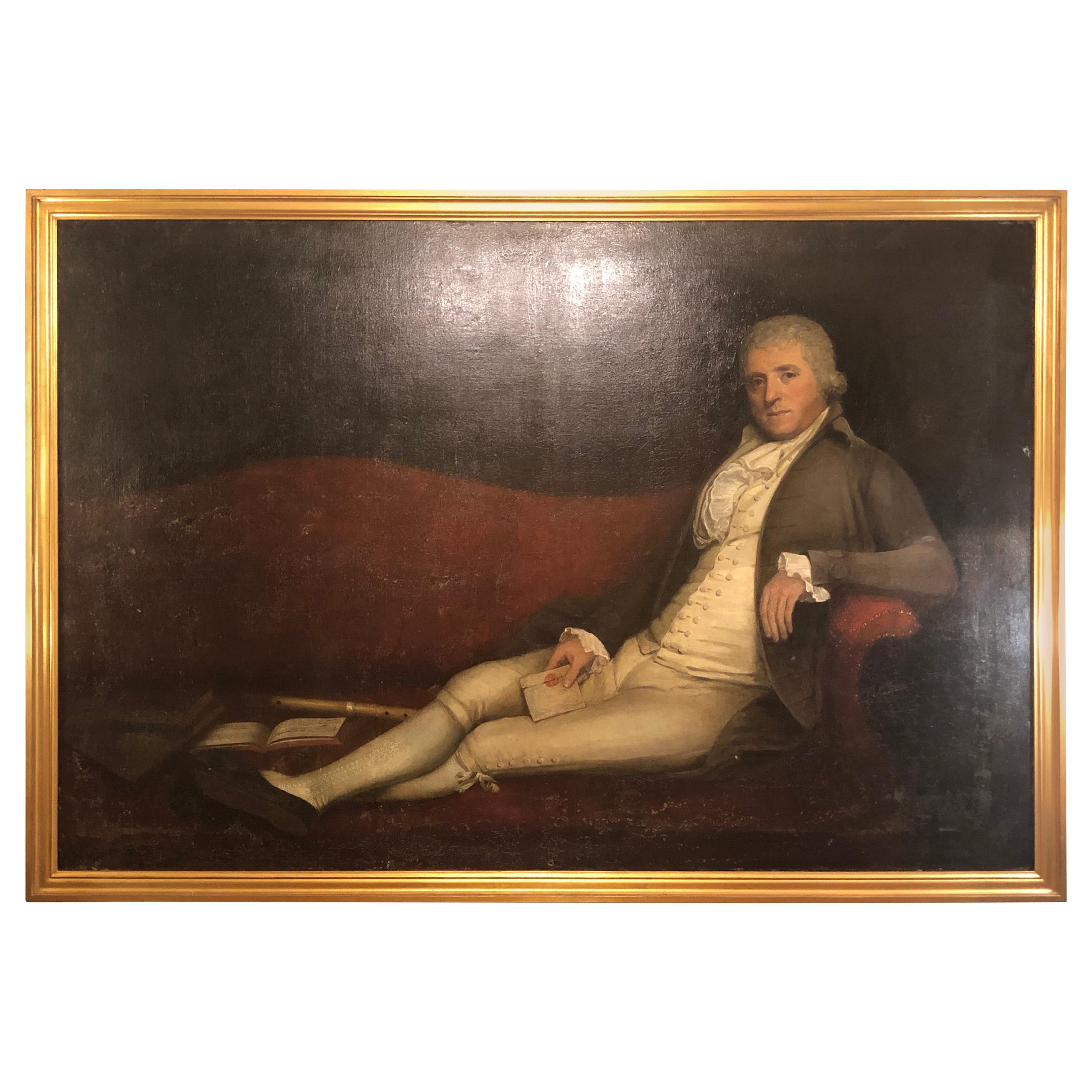 Monumental 19th Century Oil on Canvas of a Reclining Gentleman in His Study