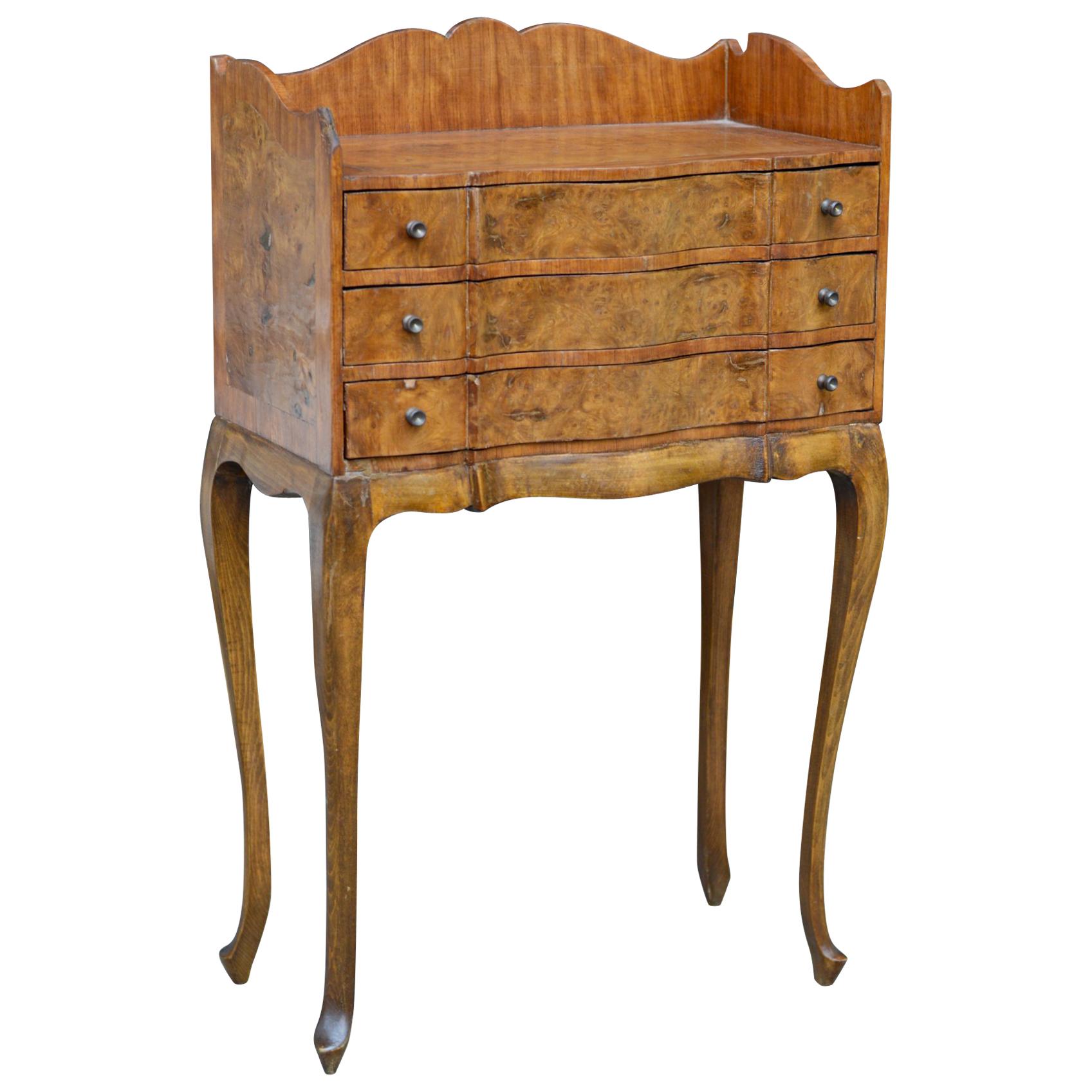 Italian Louis XV Style Three-Drawer Burl Wood Nightstand or Cabinet