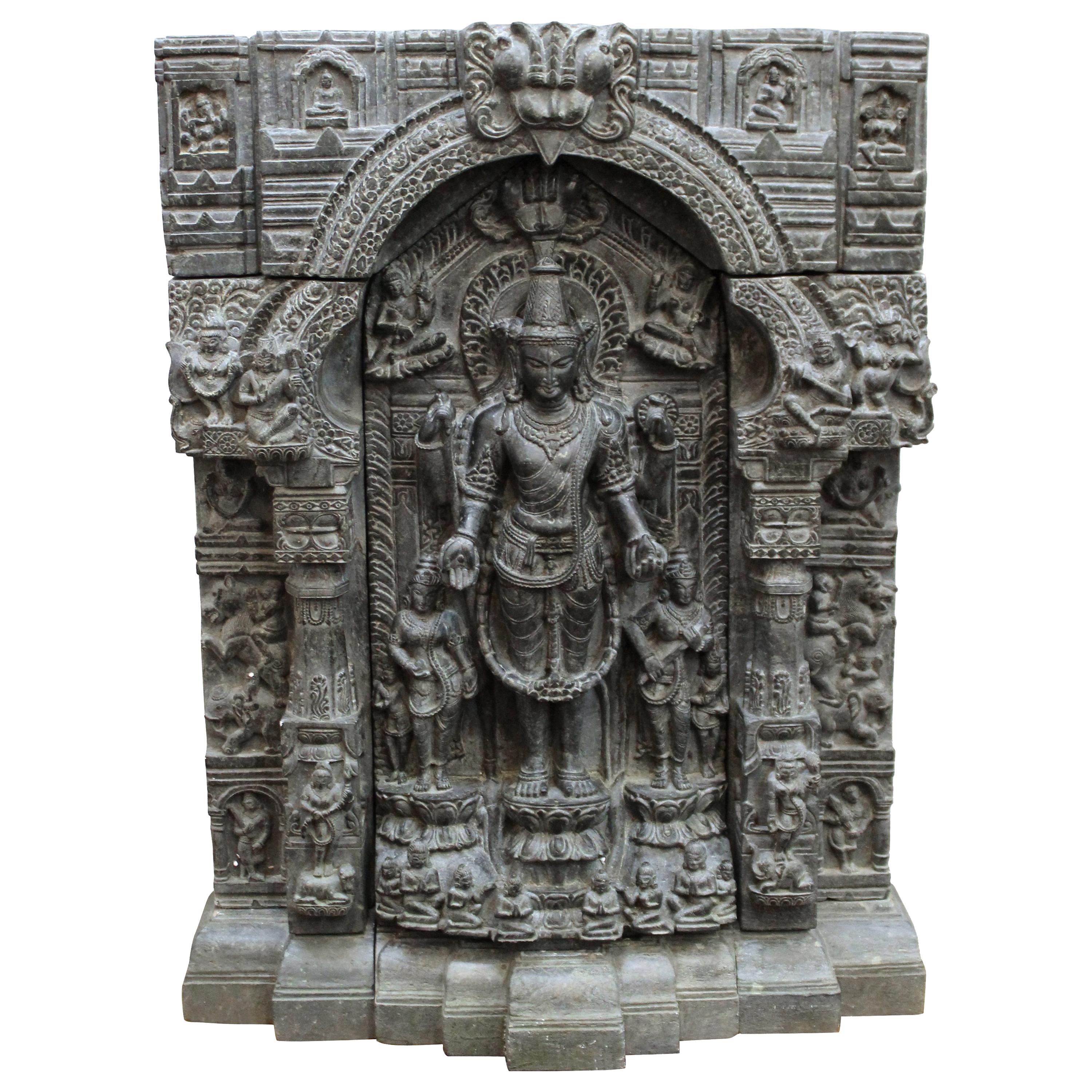 Indian Pala Style Stele of Gautama Buddha in Black Basalt