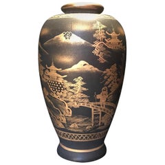 Meiji Period Japanese Satsuma Signed Miniature Gold on Black Vase