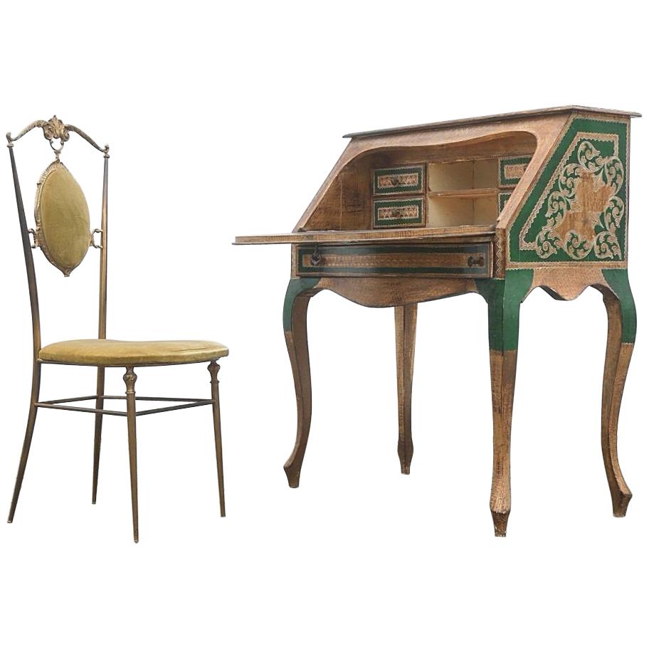 Italian Gilded and Hand Painted Wood Writing Desk Secretary, 1950s For Sale