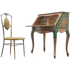 Retro Italian Gilded and Hand Painted Wood Writing Desk Secretary, 1950s