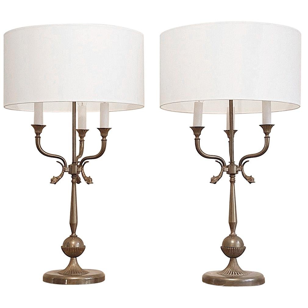 Pair of Xl Brass Candelabra Dolphin Shaped Table Lamps, 1940s For Sale