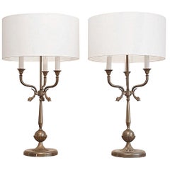 Pair of Xl Brass Candelabra Dolphin Shaped Table Lamps, 1940s