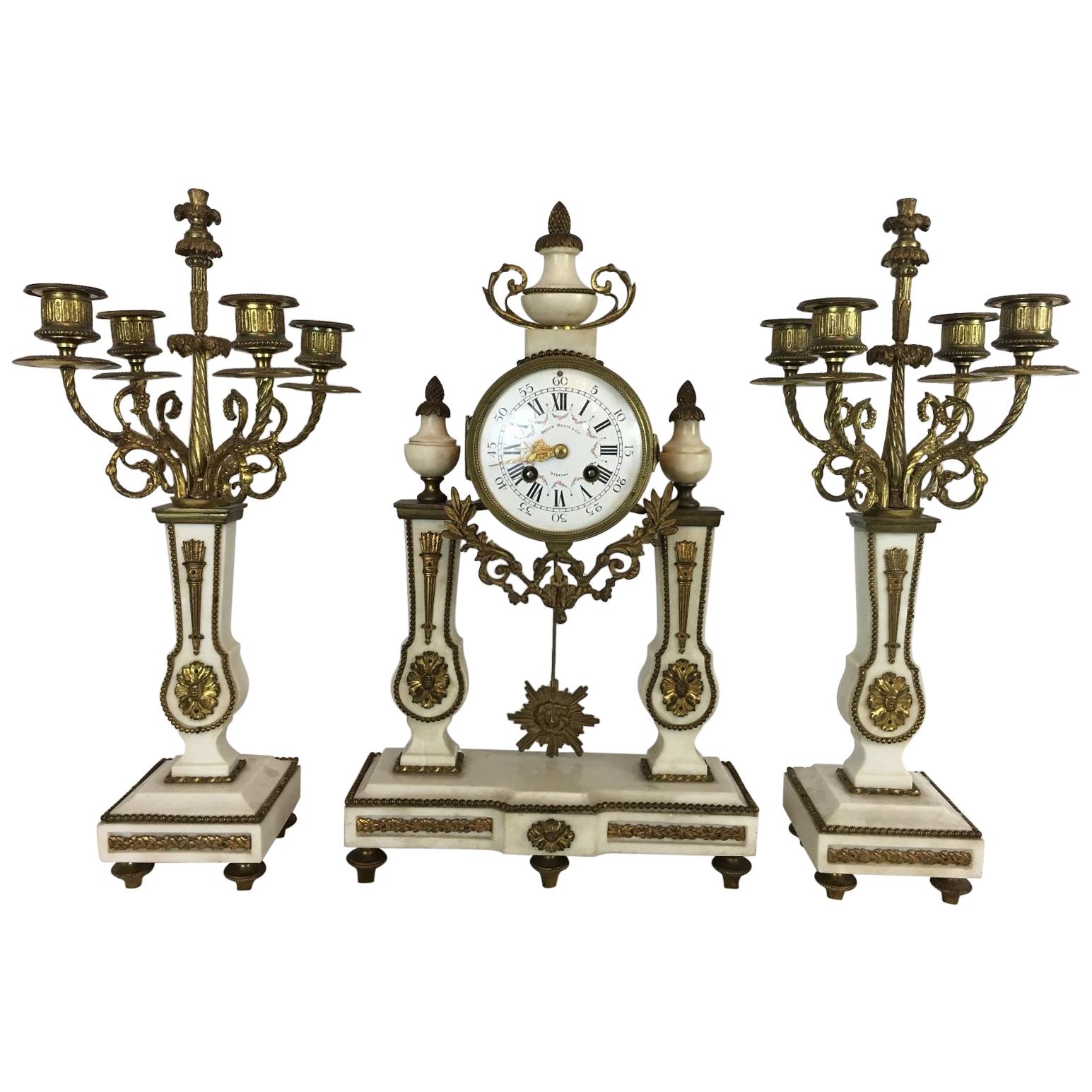 French Portico Clock Set White Marble, Brass, circa 1900, Running